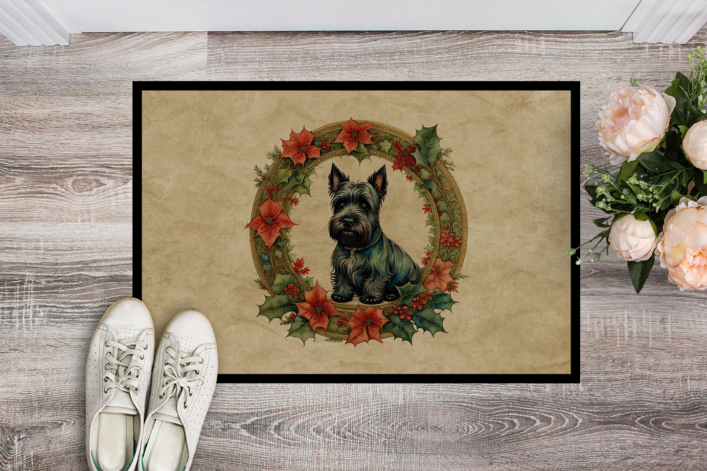 Scottish Terrier Christmas Flowers Doormat