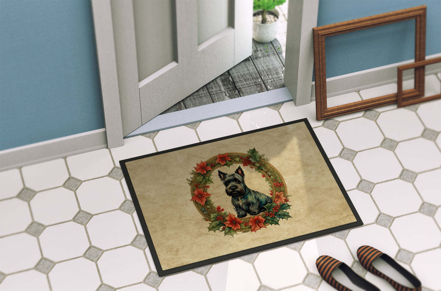 Scottish Terrier Christmas Flowers Doormat