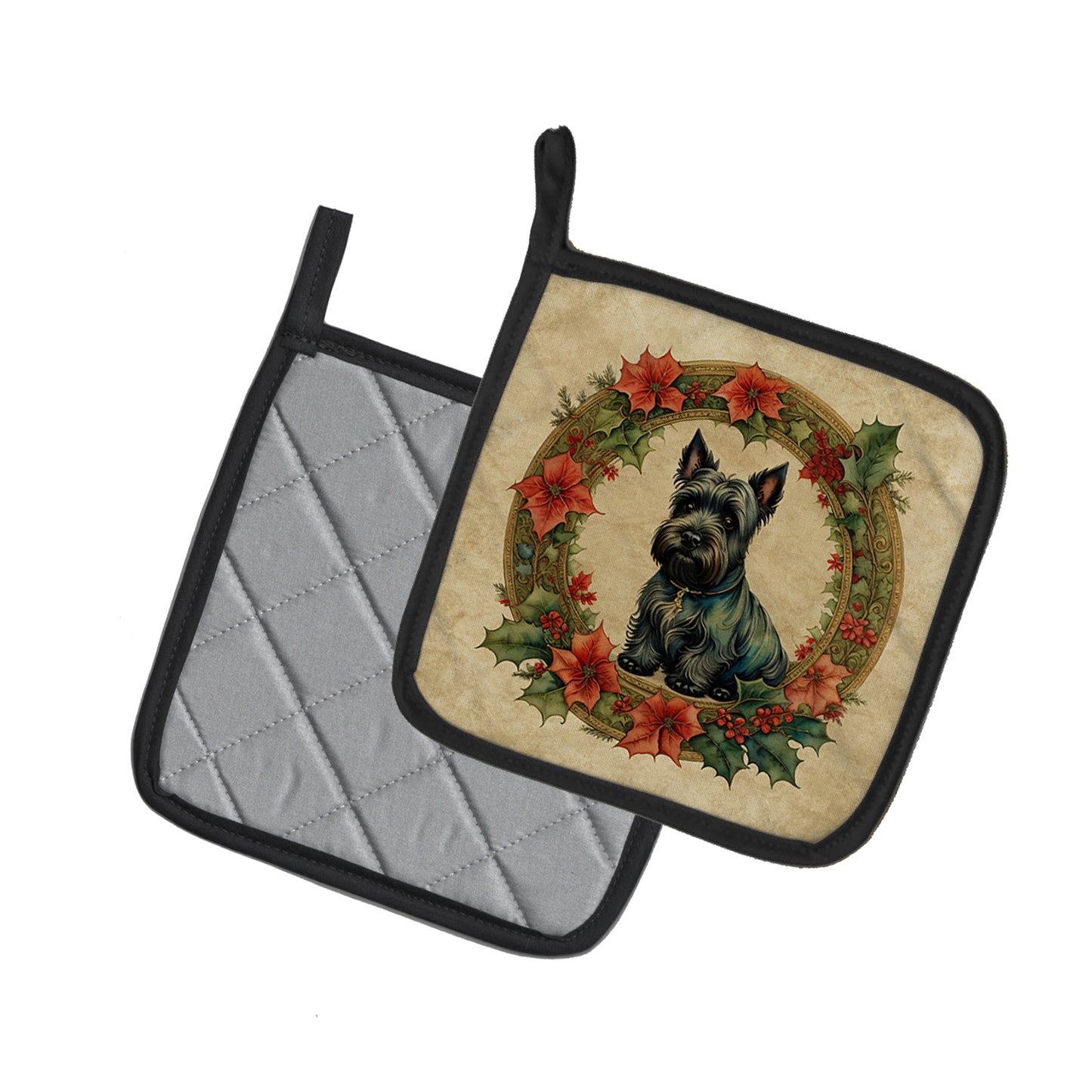 Scottish Terrier Christmas Flowers Pair of Pot Holders