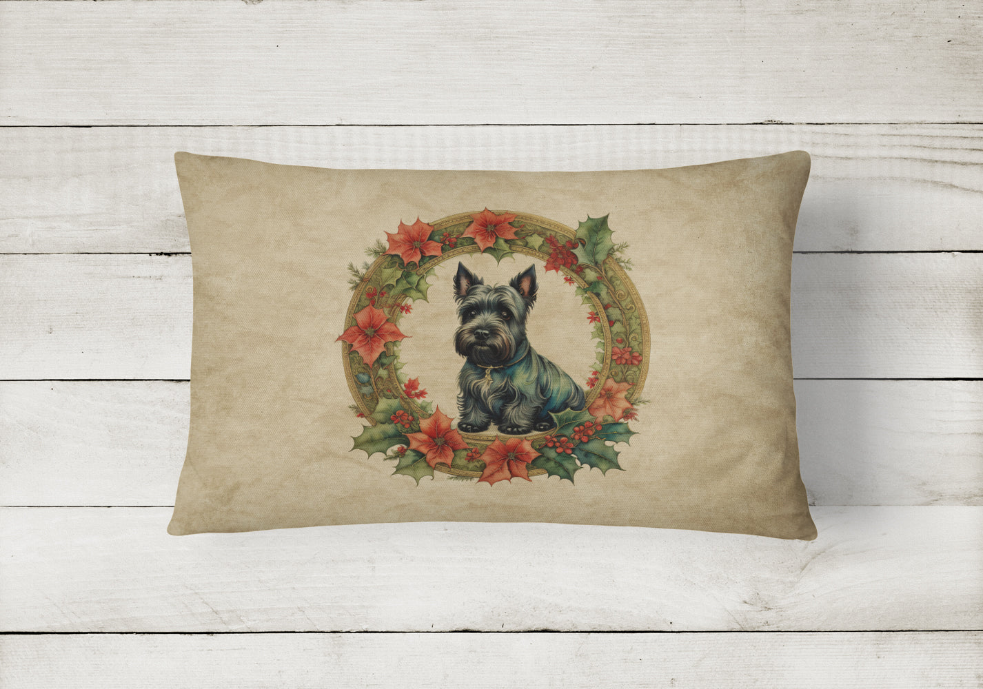 Scottish Terrier Christmas Flowers Throw Pillow