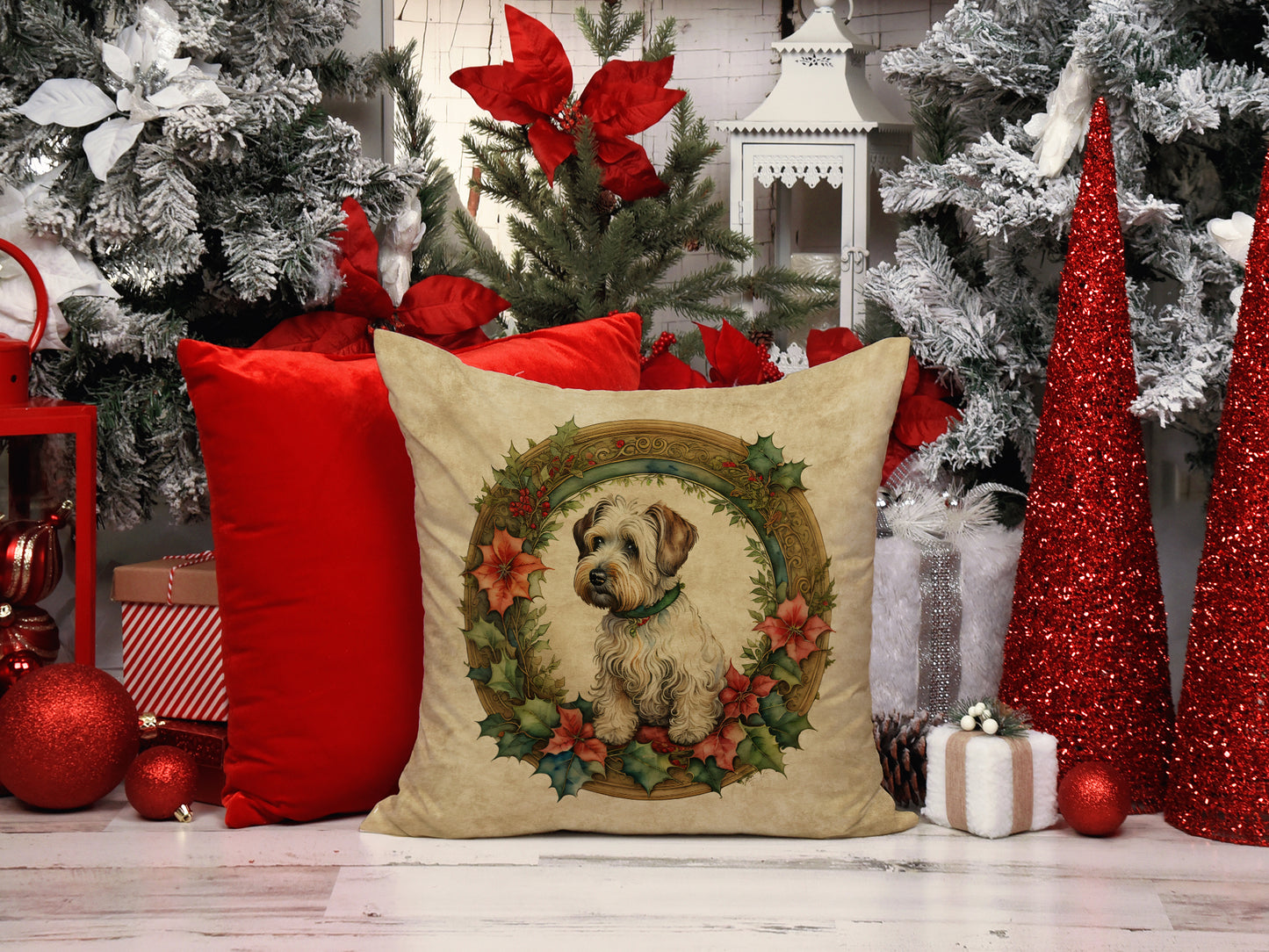 Sealyham Terrier Christmas Flowers Throw Pillow