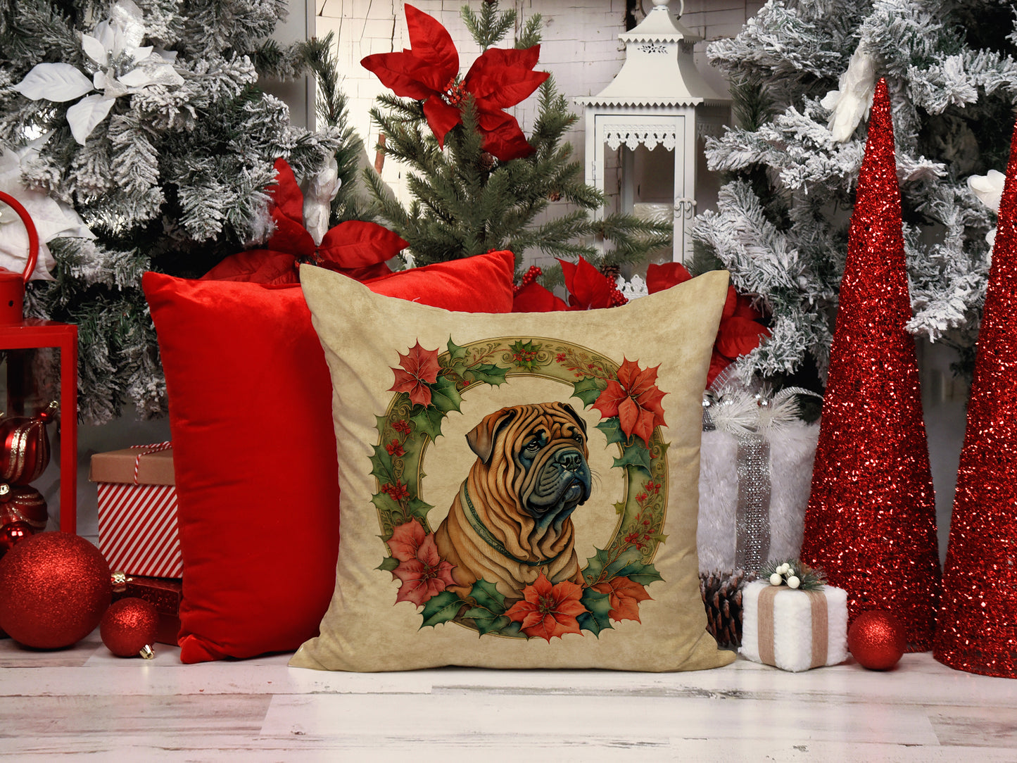 Shar Pei Christmas Flowers Throw Pillow