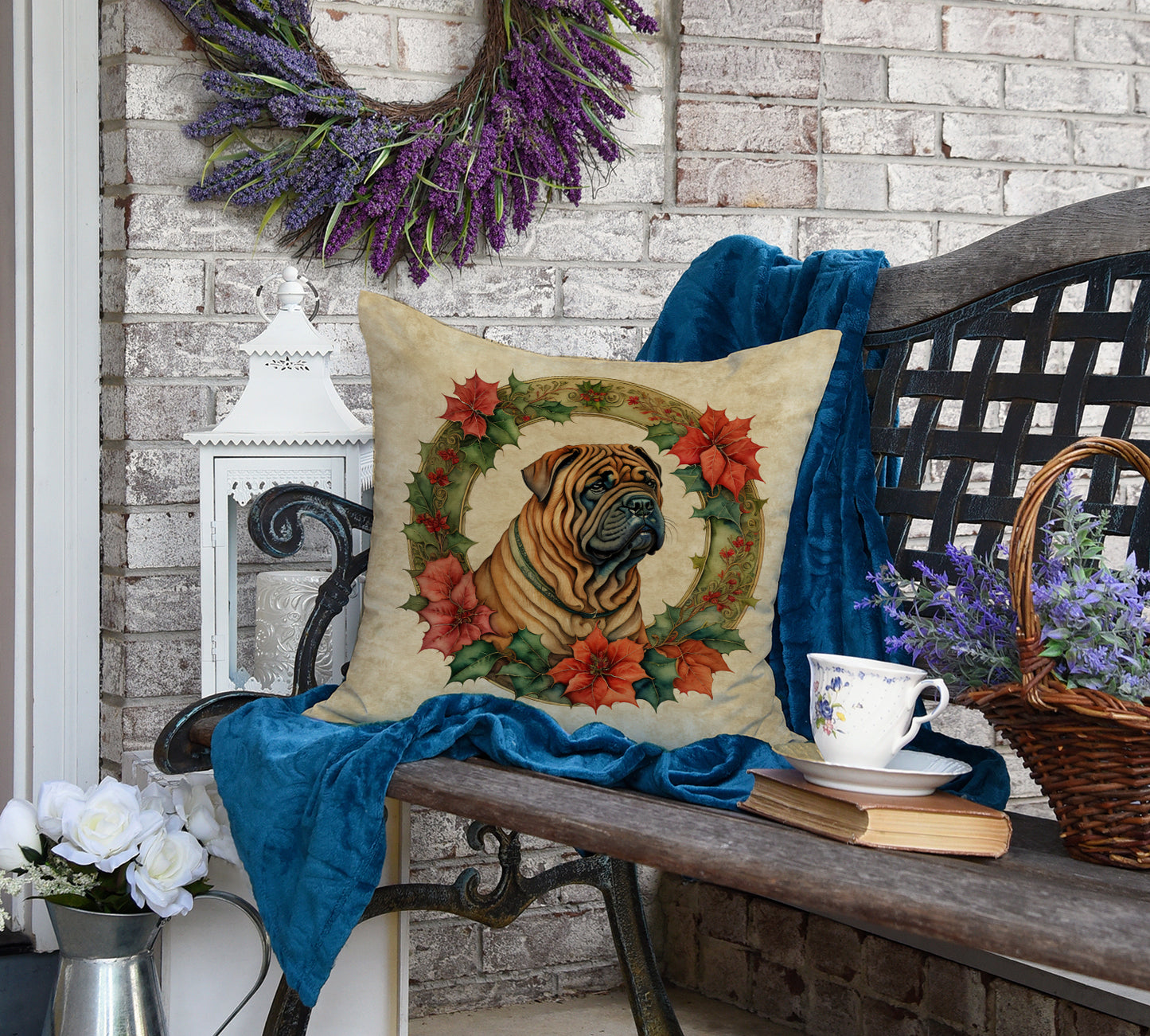 Shar Pei Christmas Flowers Throw Pillow