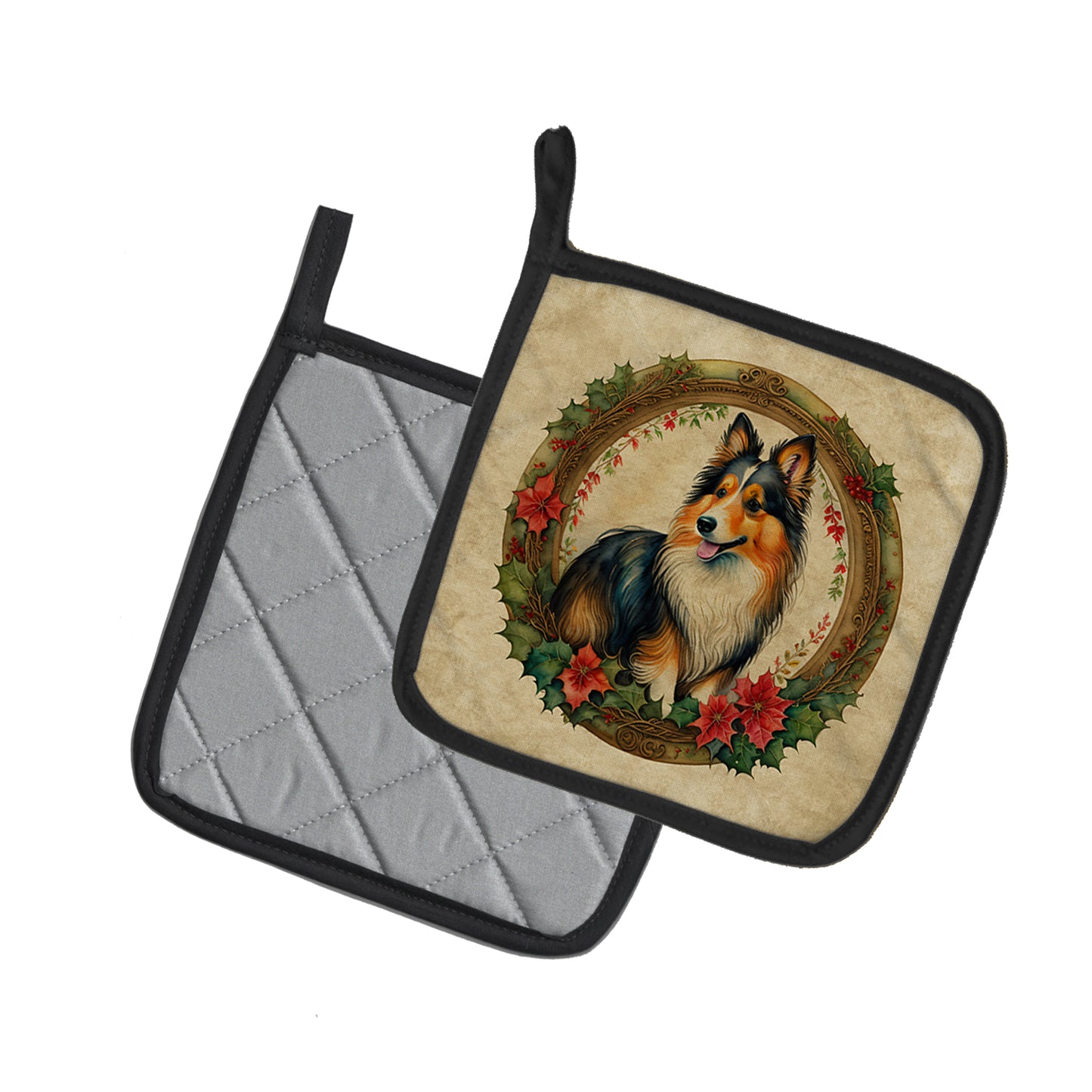 Sheltie Christmas Flowers Pair of Pot Holders