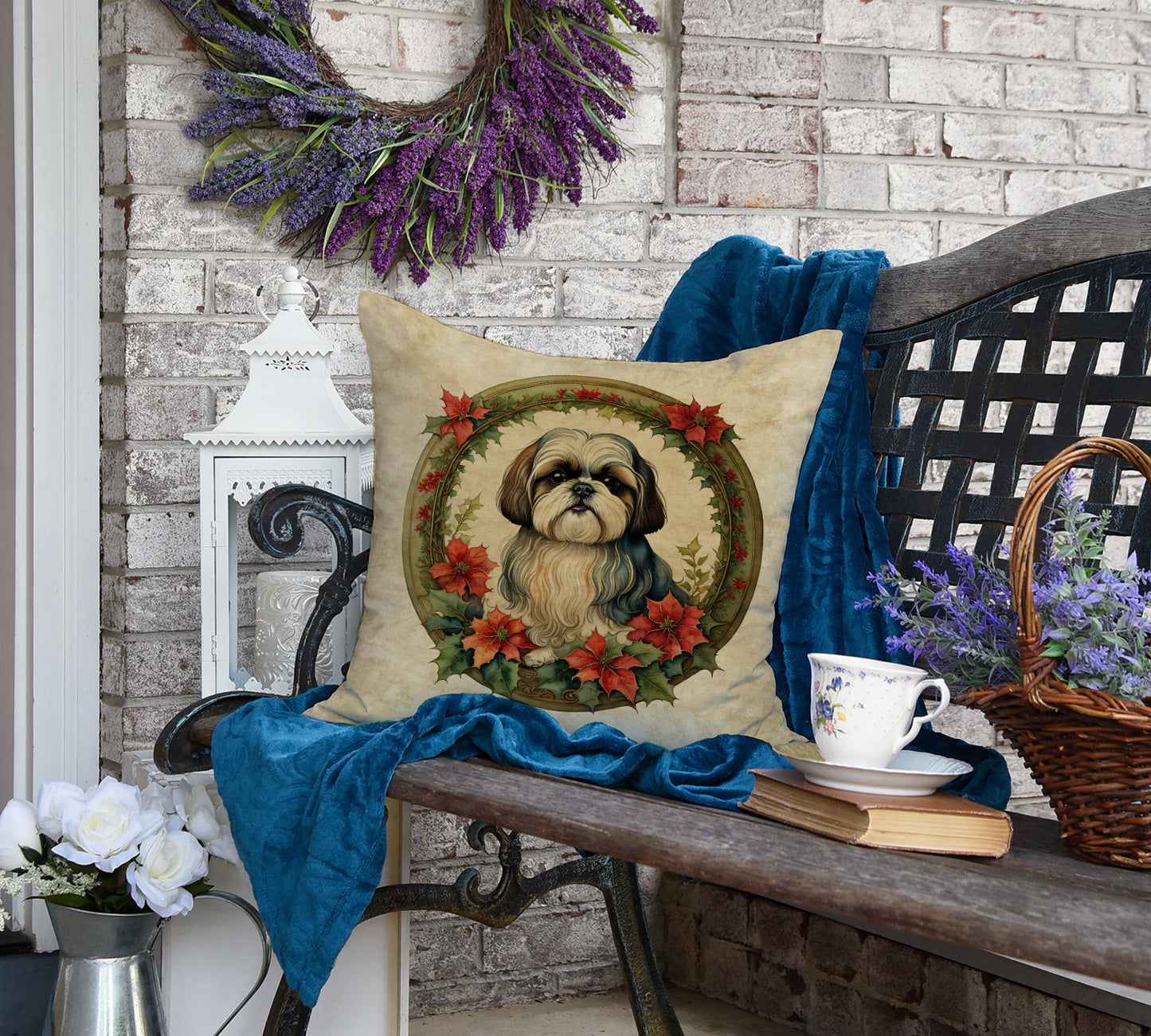 Shih Tzu Christmas Flowers Throw Pillow