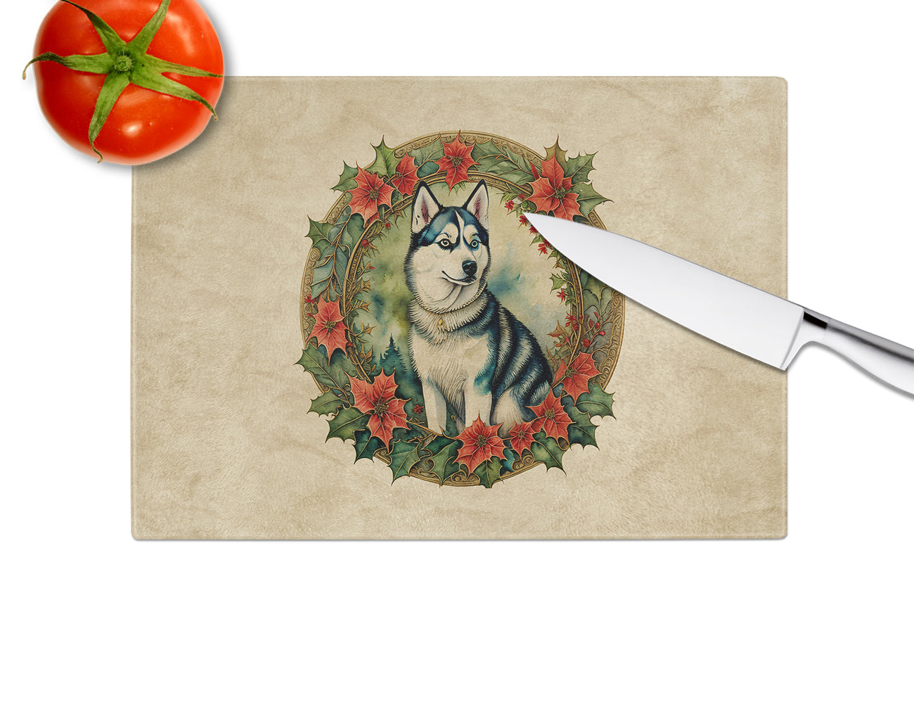 Siberian Husky Christmas Flowers Glass Cutting Board