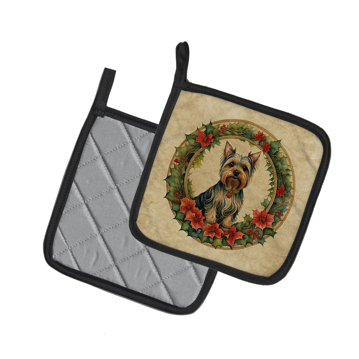 Silky Terrier Christmas Flowers Pair of Pot Holders