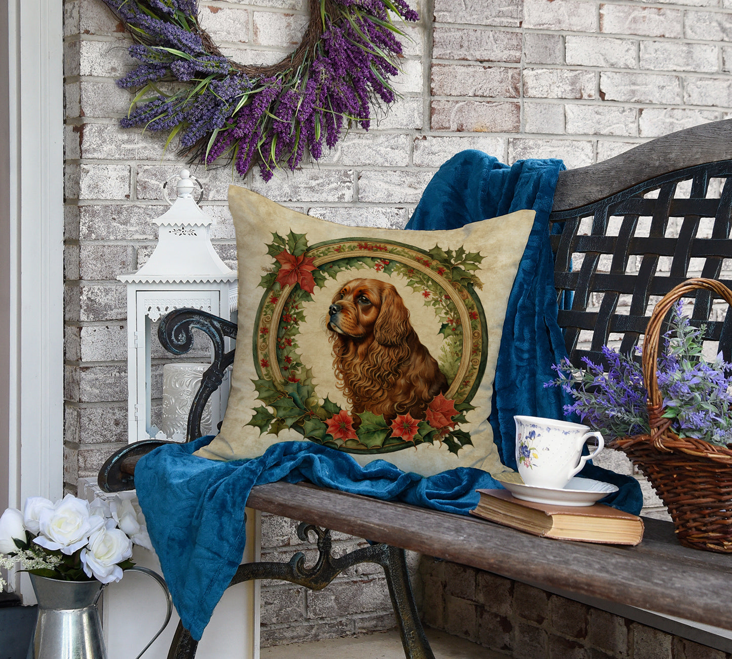 Sussex Spaniel Christmas Flowers Throw Pillow