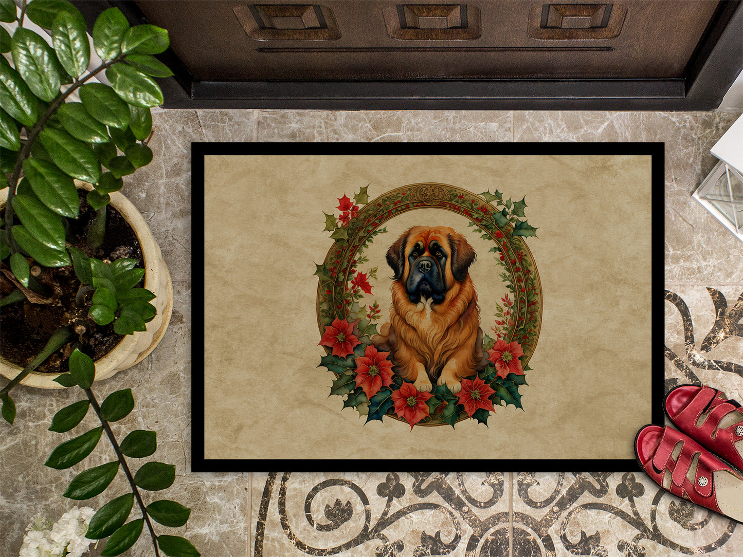 Tibetan Mastiff Christmas Flowers Doormat