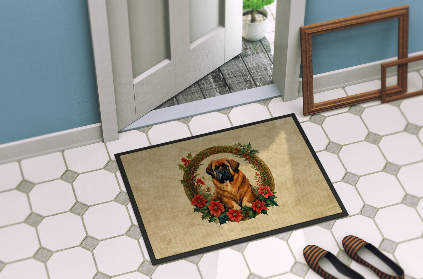 Tibetan Mastiff Christmas Flowers Doormat