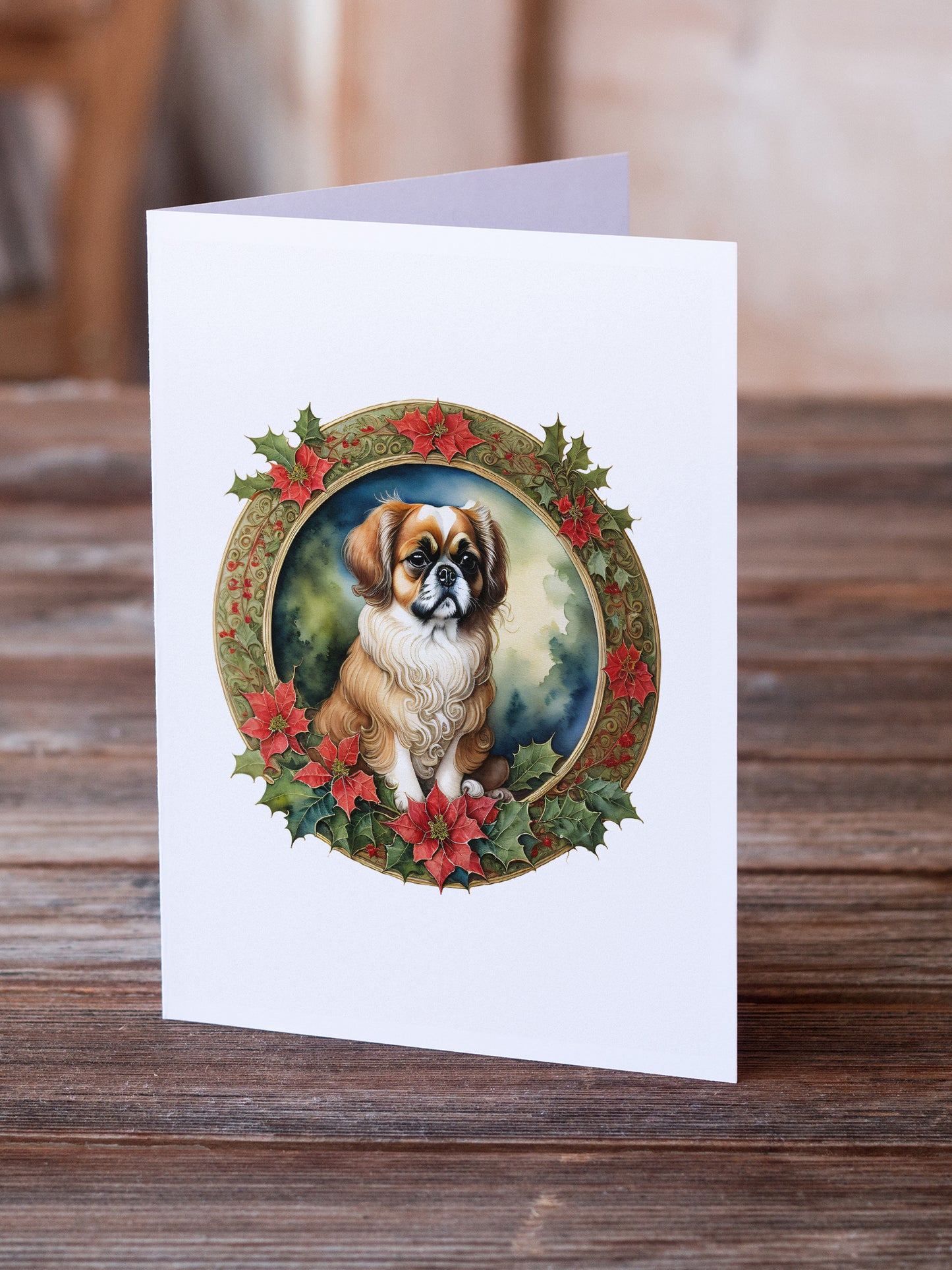 Tibetan Spaniel Christmas Flowers Greeting Cards Pack of 8