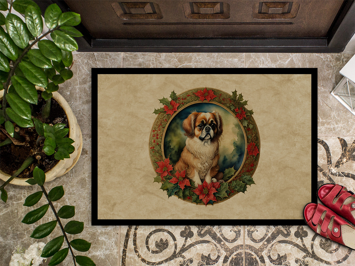 Tibetan Spaniel Christmas Flowers Doormat