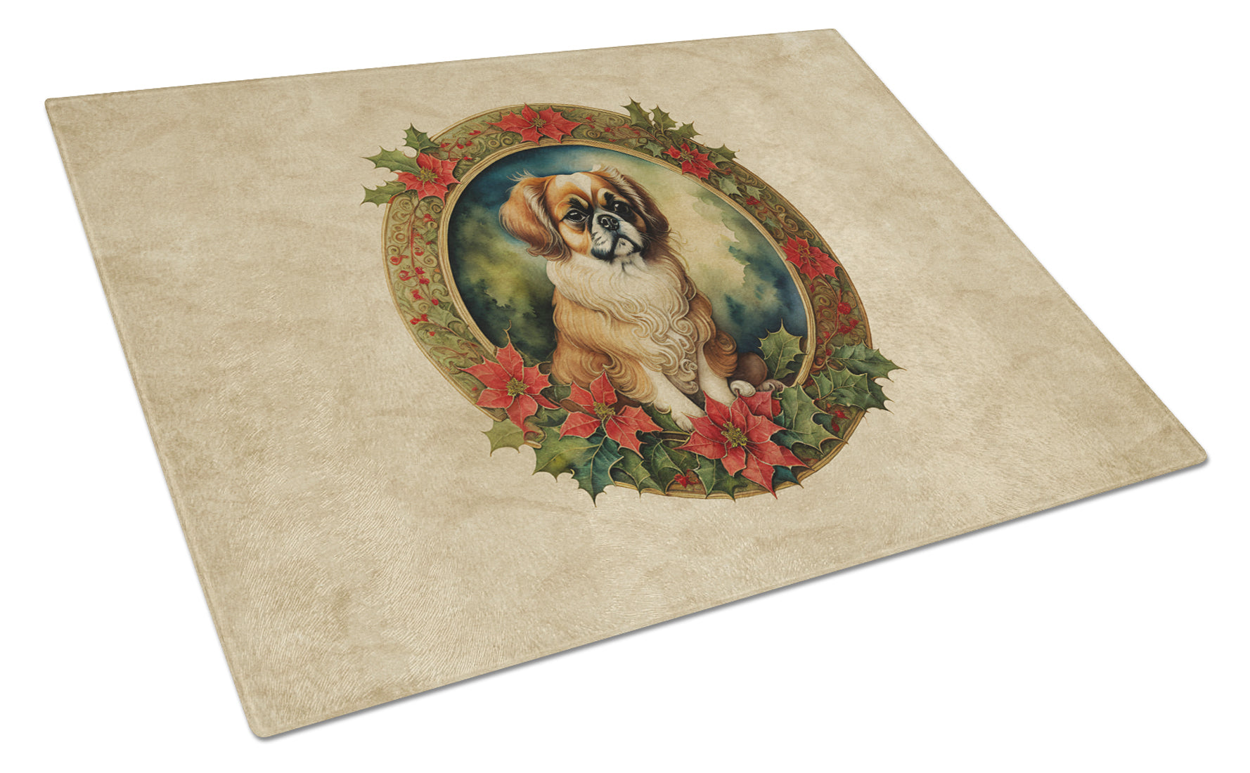 Buy this Tibetan Spaniel Christmas Flowers Glass Cutting Board