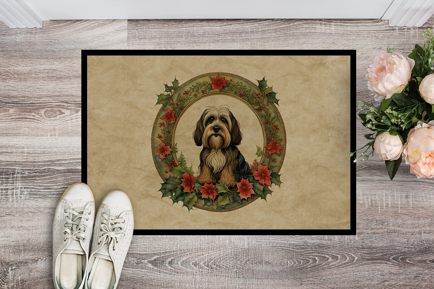 Tibetan Terrier Christmas Flowers Doormat