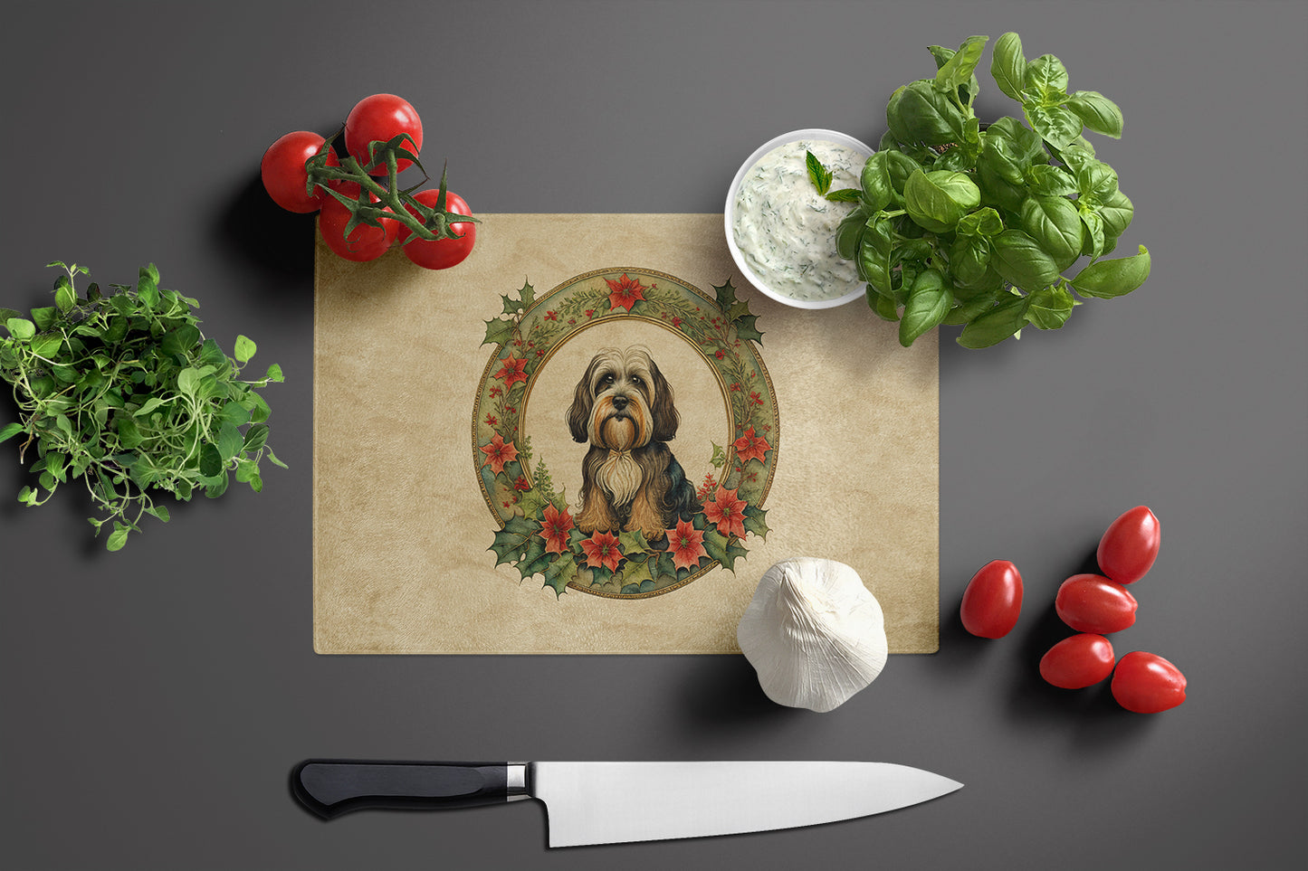 Tibetan Terrier Christmas Flowers Glass Cutting Board