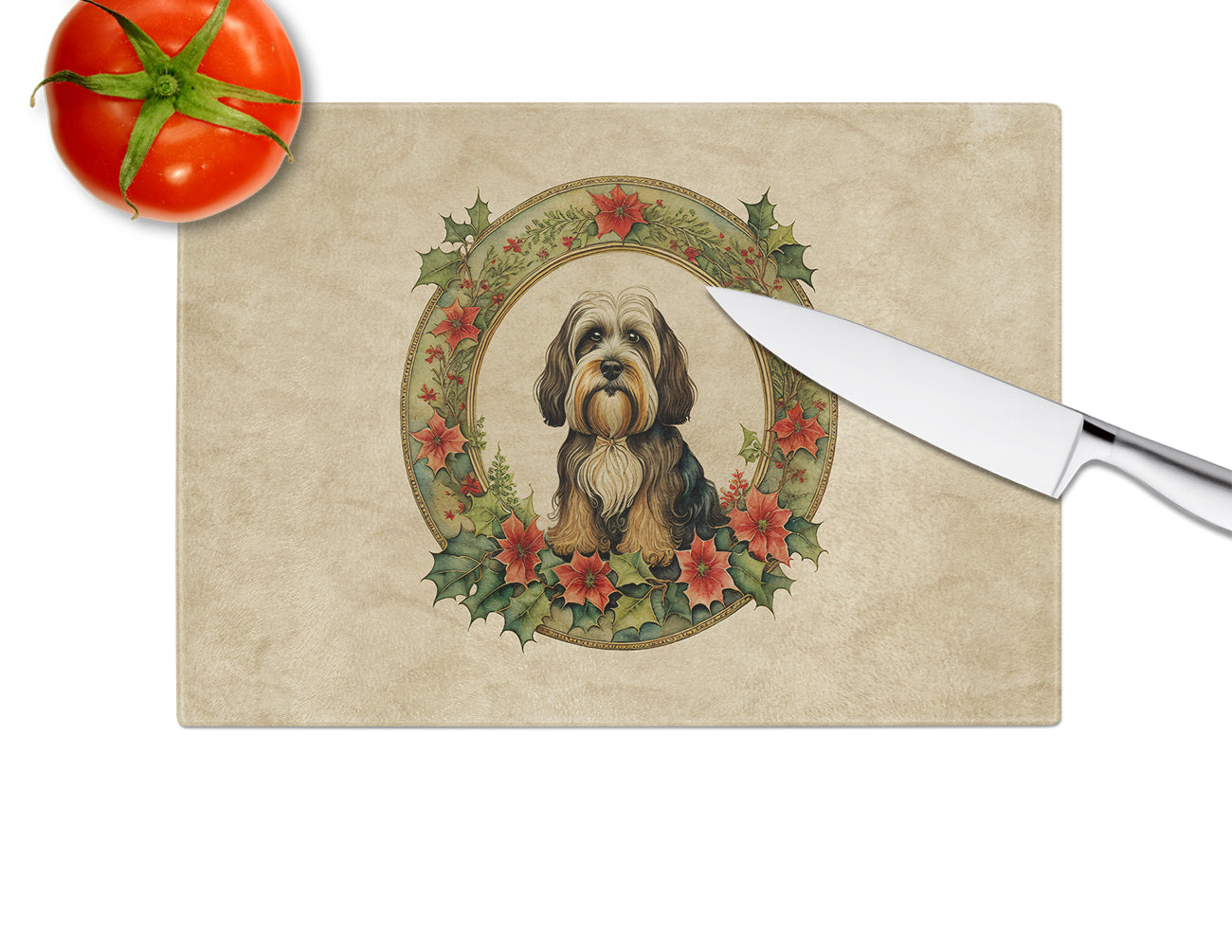 Tibetan Terrier Christmas Flowers Glass Cutting Board