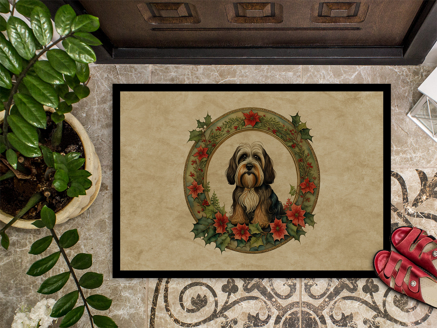 Tibetan Terrier Christmas Flowers Doormat