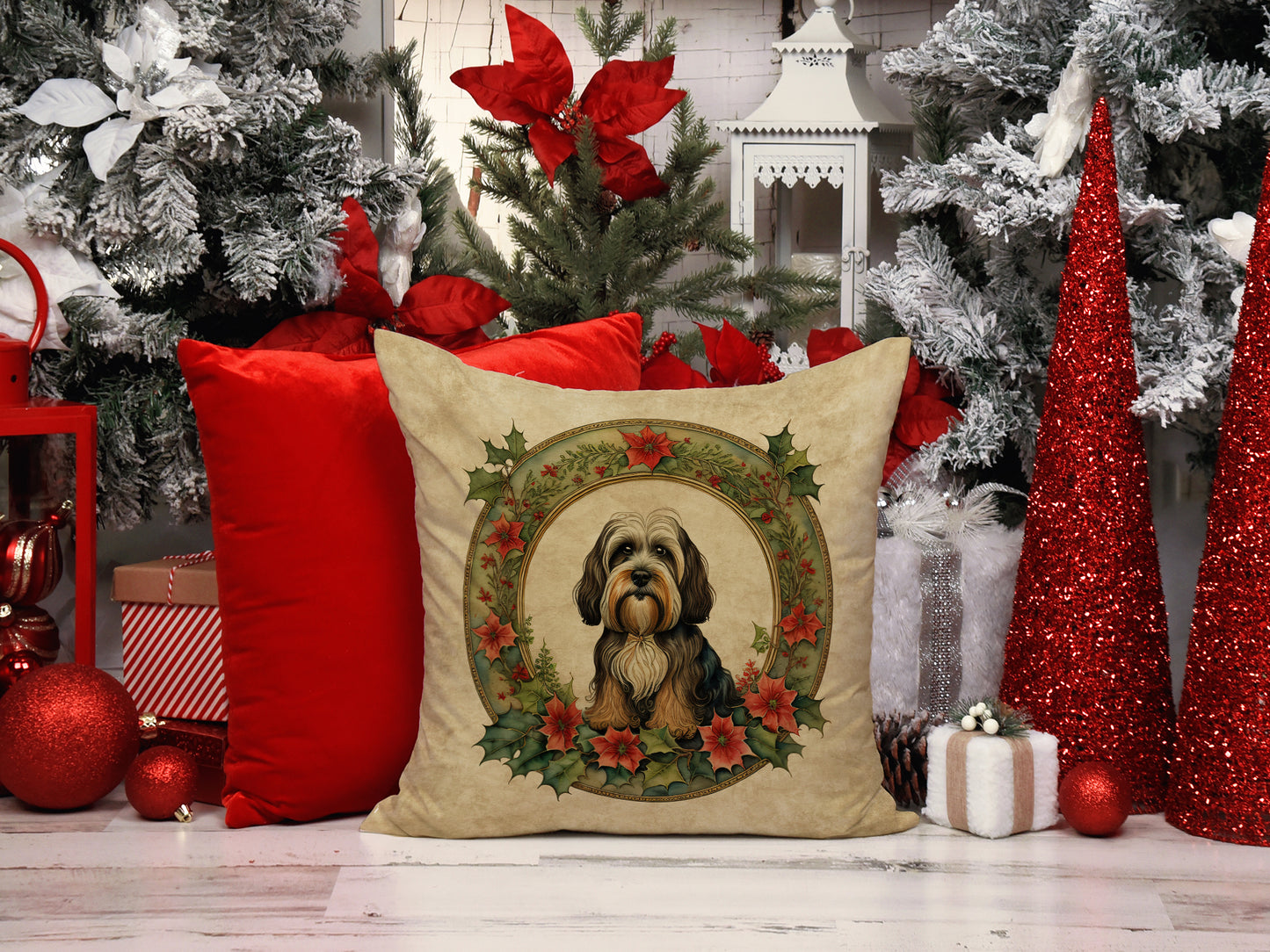 Tibetan Terrier Christmas Flowers Throw Pillow