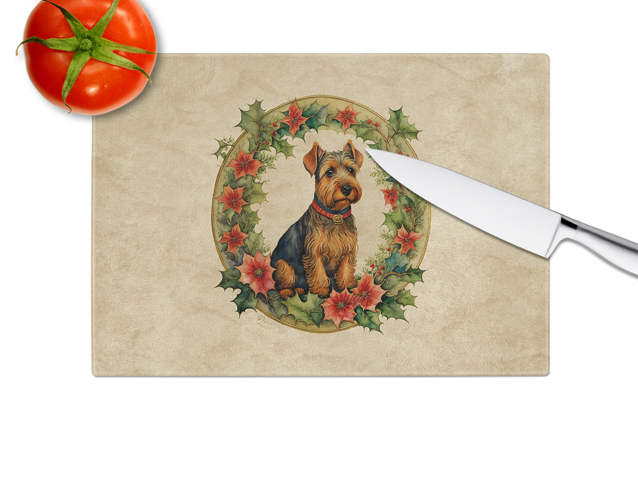 Welsh Terrier Christmas Flowers Glass Cutting Board