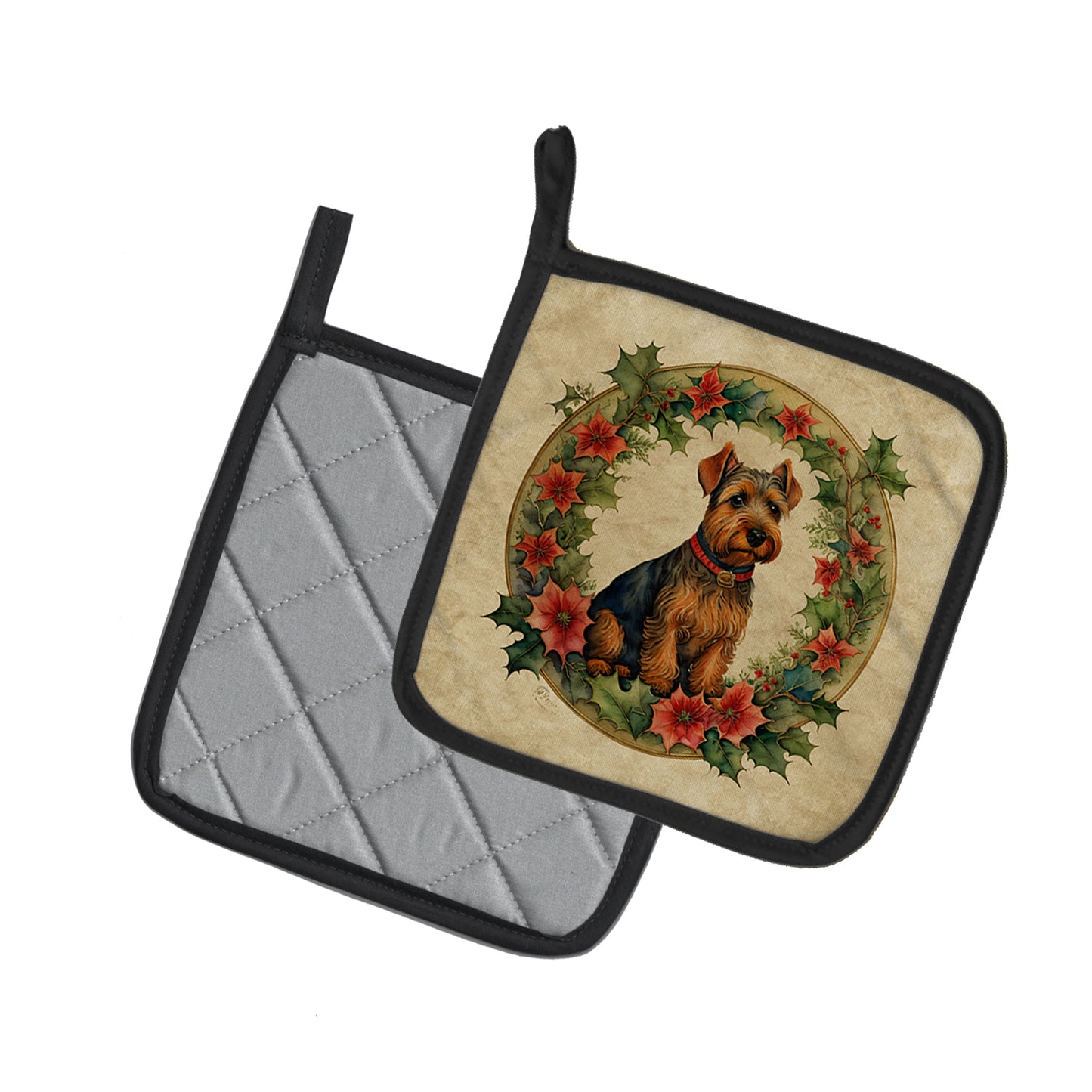 Welsh Terrier Christmas Flowers Pair of Pot Holders