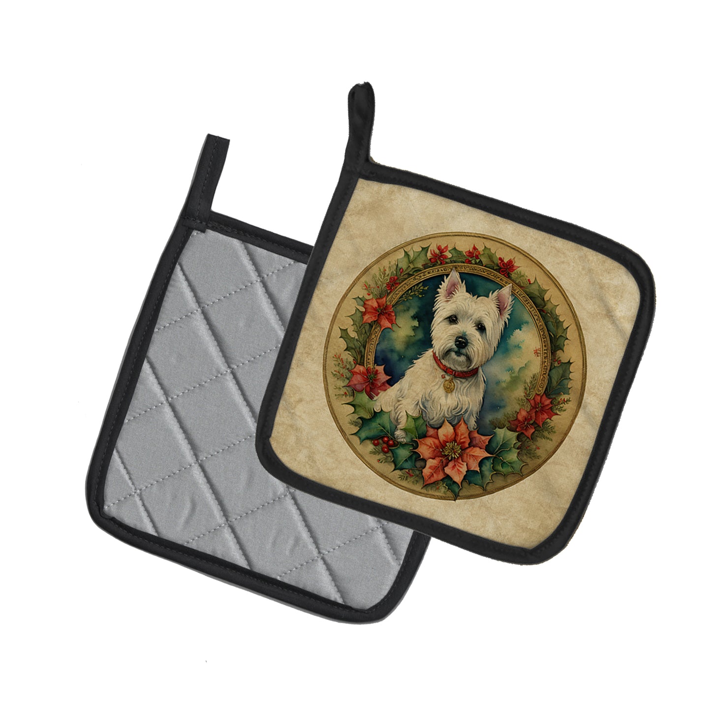 Westie Christmas Flowers Pair of Pot Holders