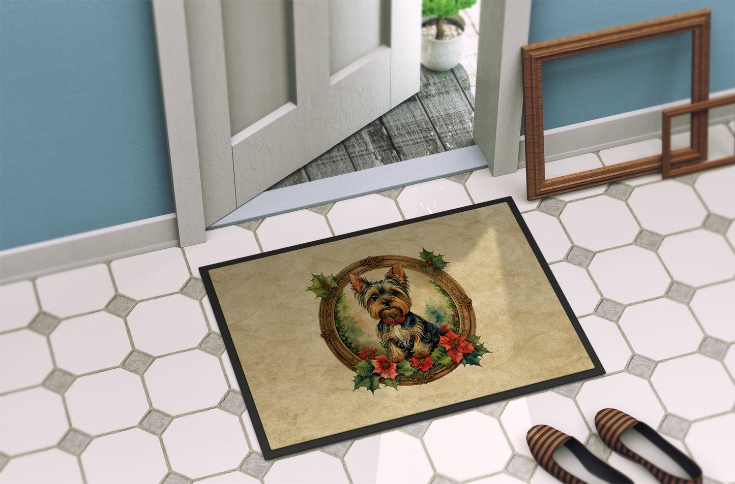 Yorkie Christmas Flowers Doormat