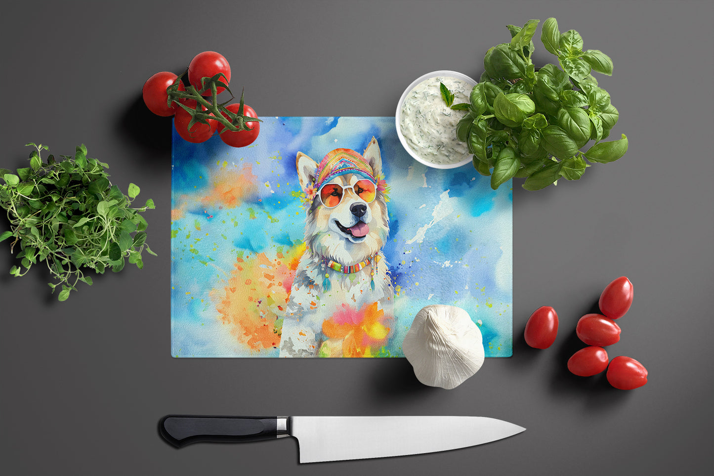 Alaskan Malamute Hippie Dawg Glass Cutting Board