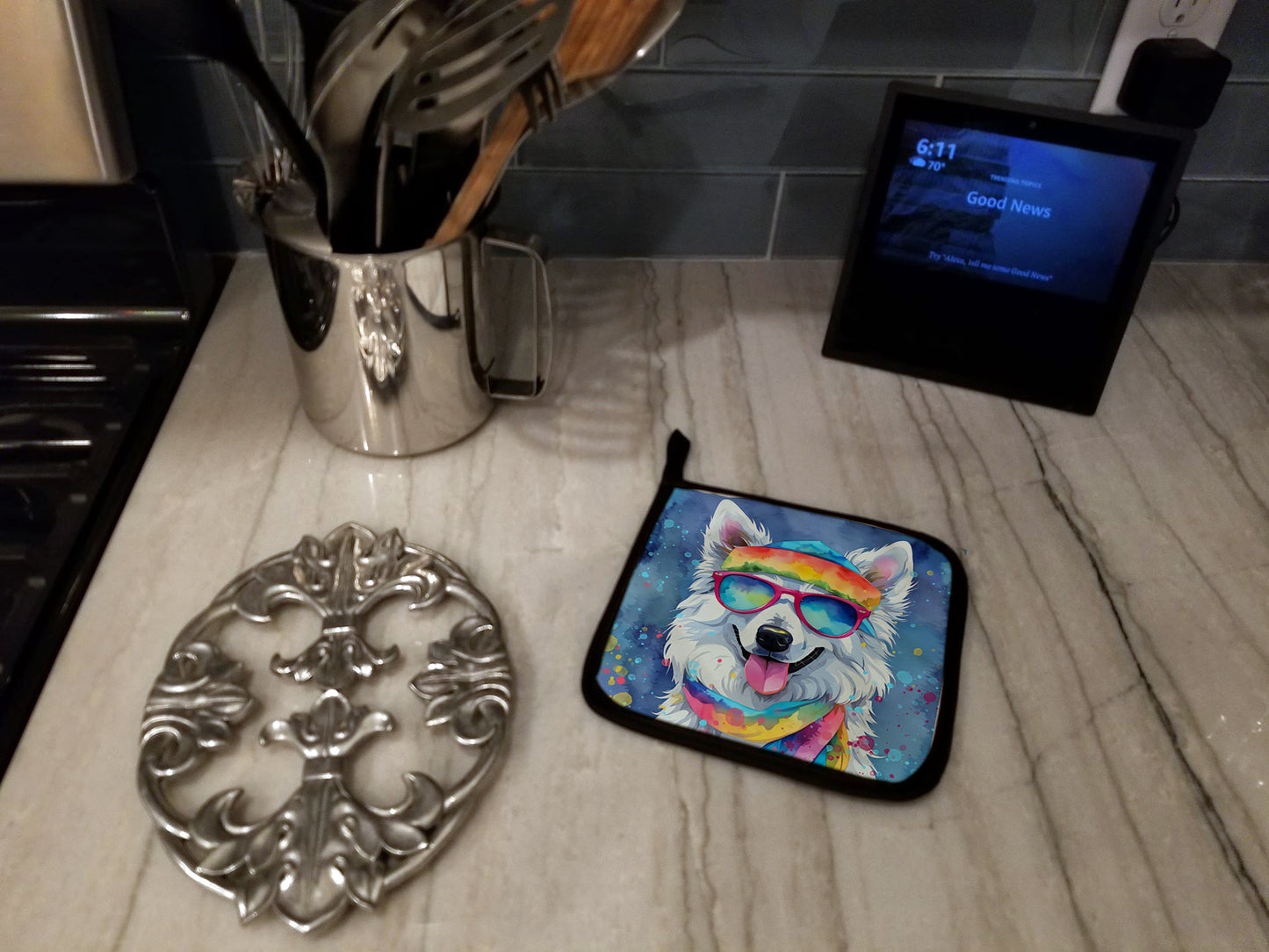 American Eskimo Hippie Dawg Pair of Pot Holders