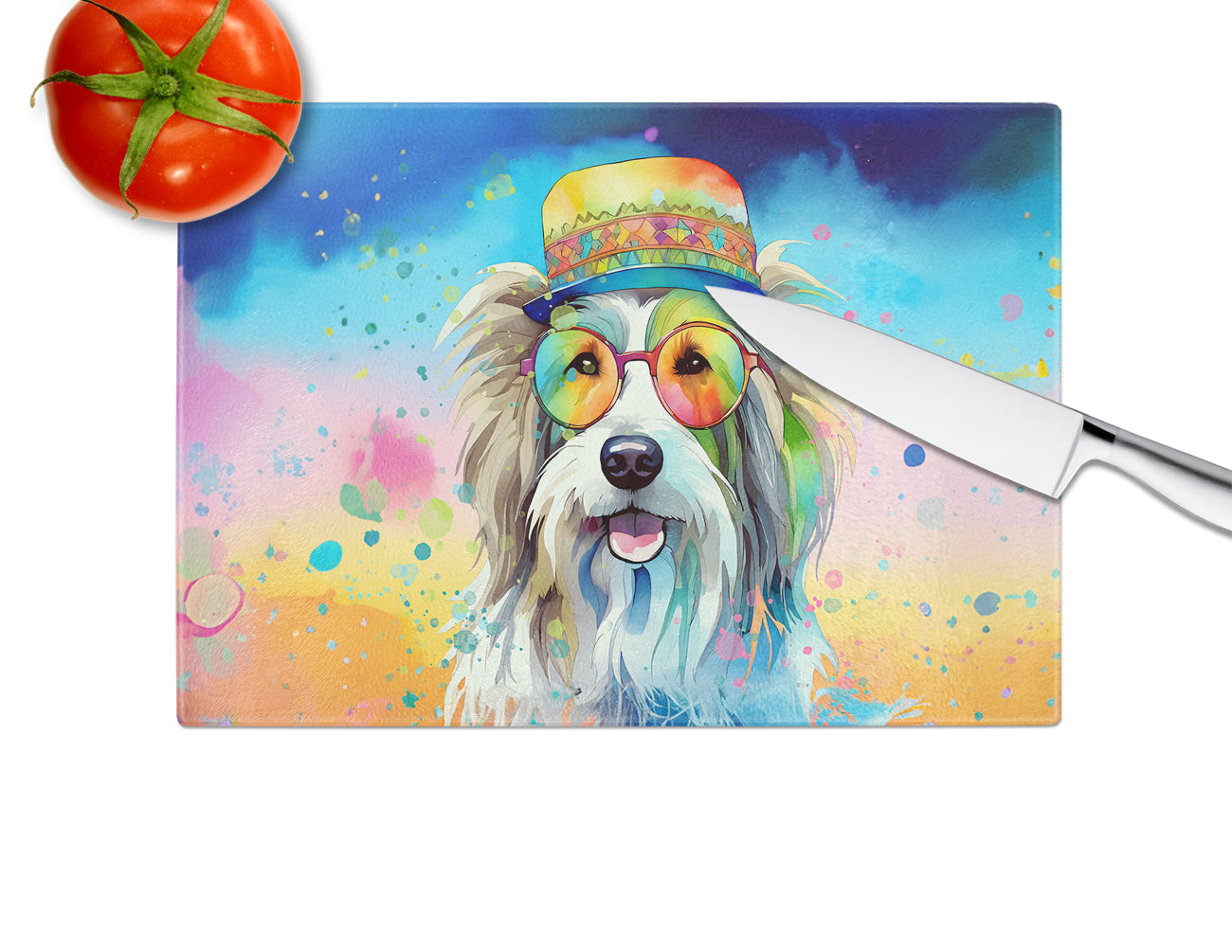 Bearded Collie Hippie Dawg Glass Cutting Board