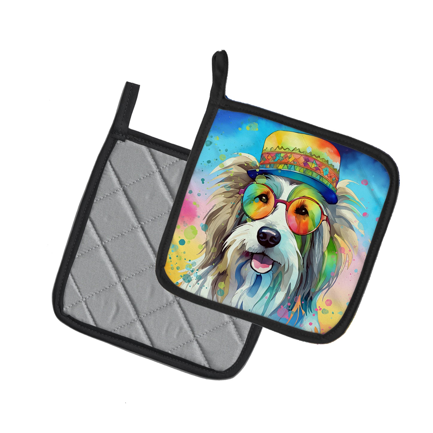 Bearded Collie Hippie Dawg Pair of Pot Holders