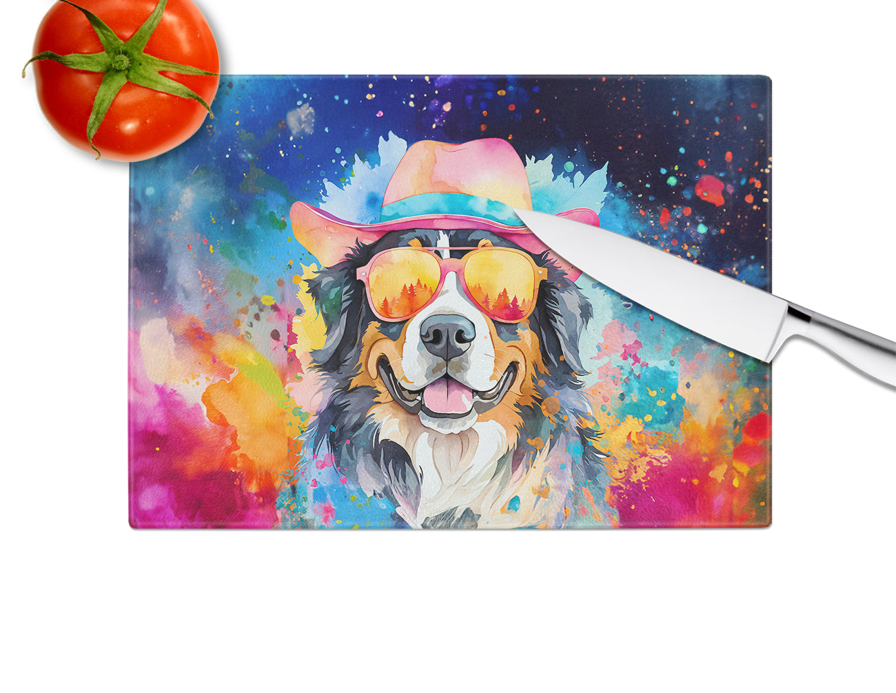 Bernese Mountain Dog Hippie Dawg Glass Cutting Board