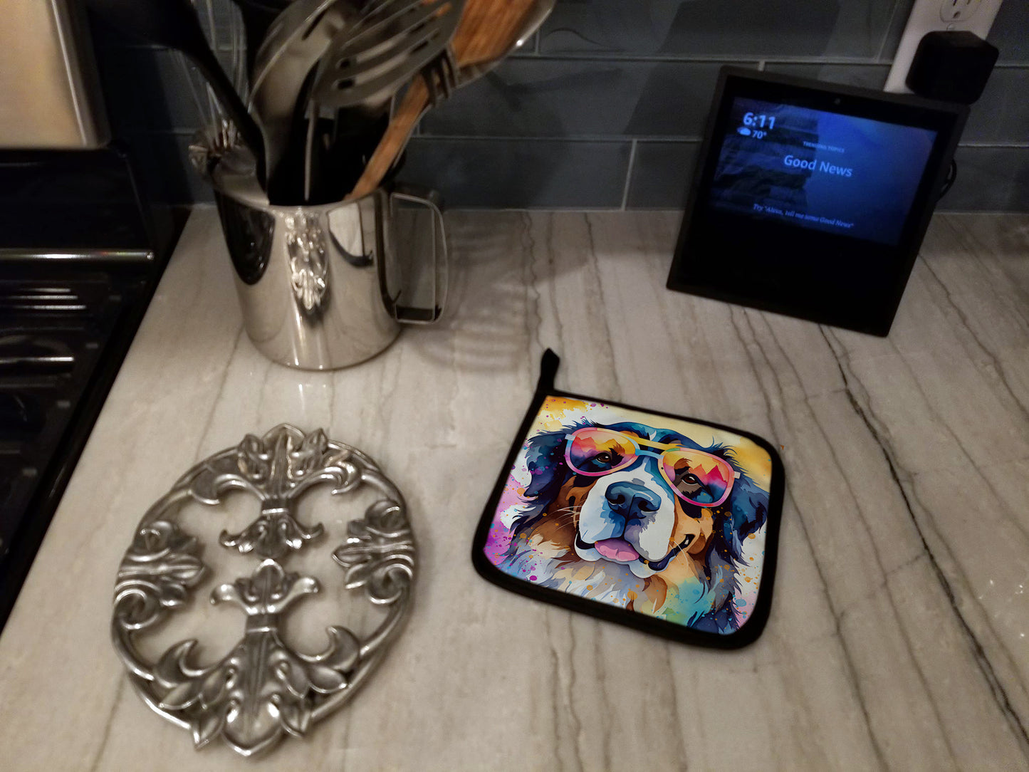 Bernese Mountain Dog Hippie Dawg Pair of Pot Holders