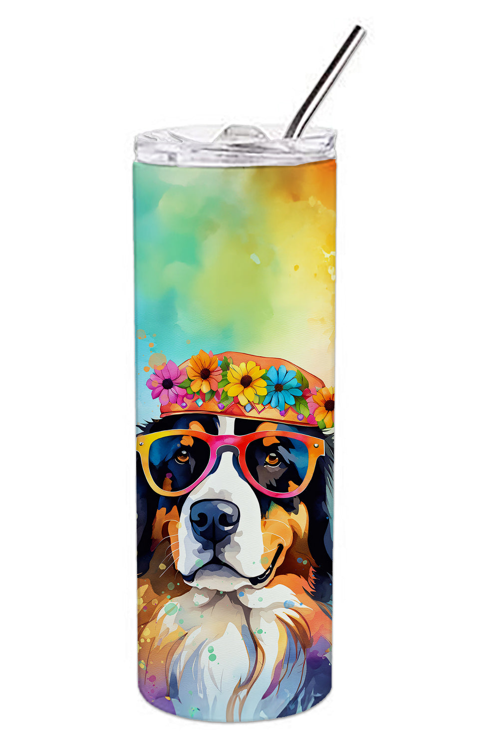 Bernese Mountain Dog Hippie Dawg Stainless Steel Skinny Tumbler