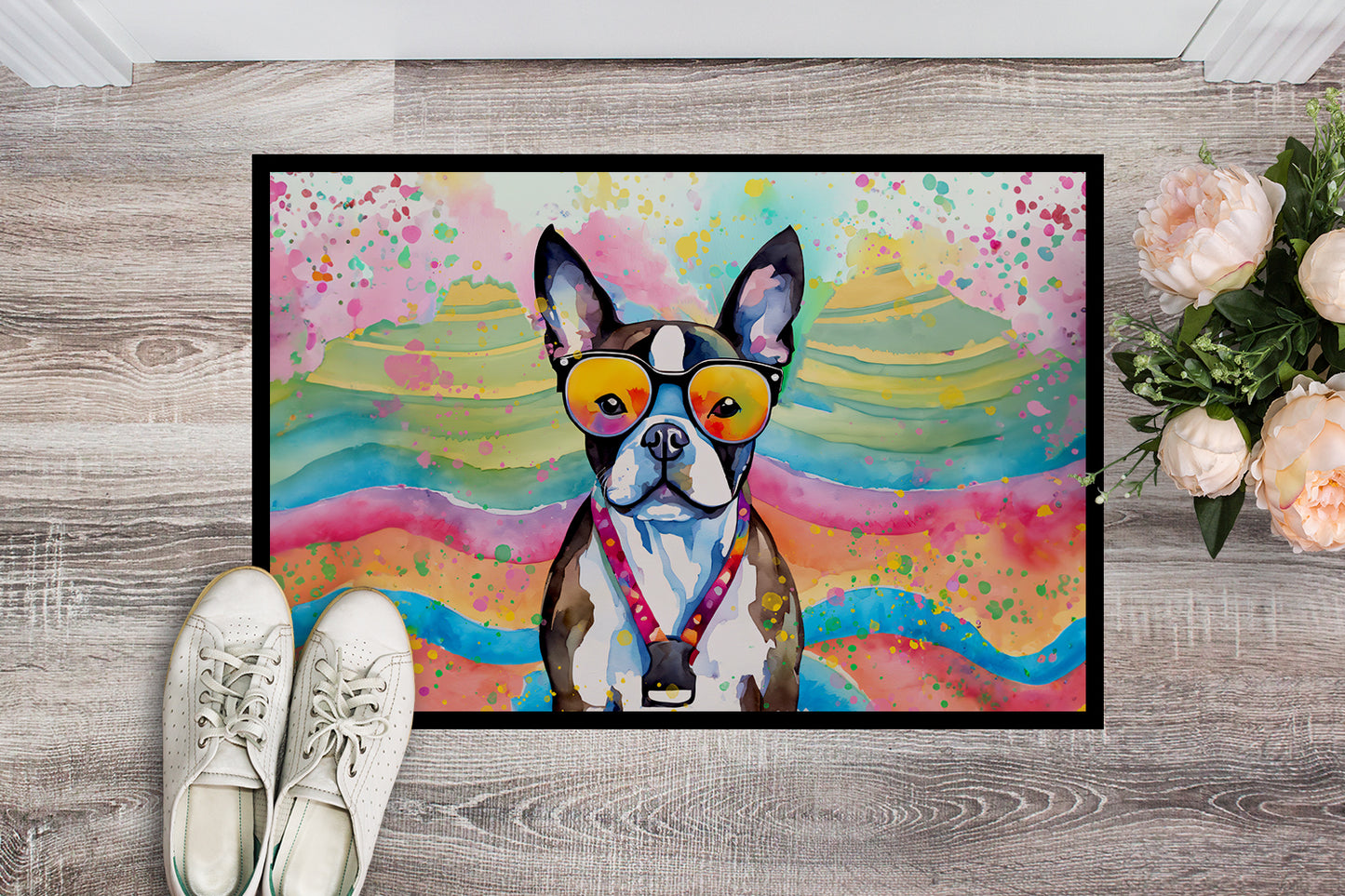 Boston Terrier Hippie Dawg Doormat