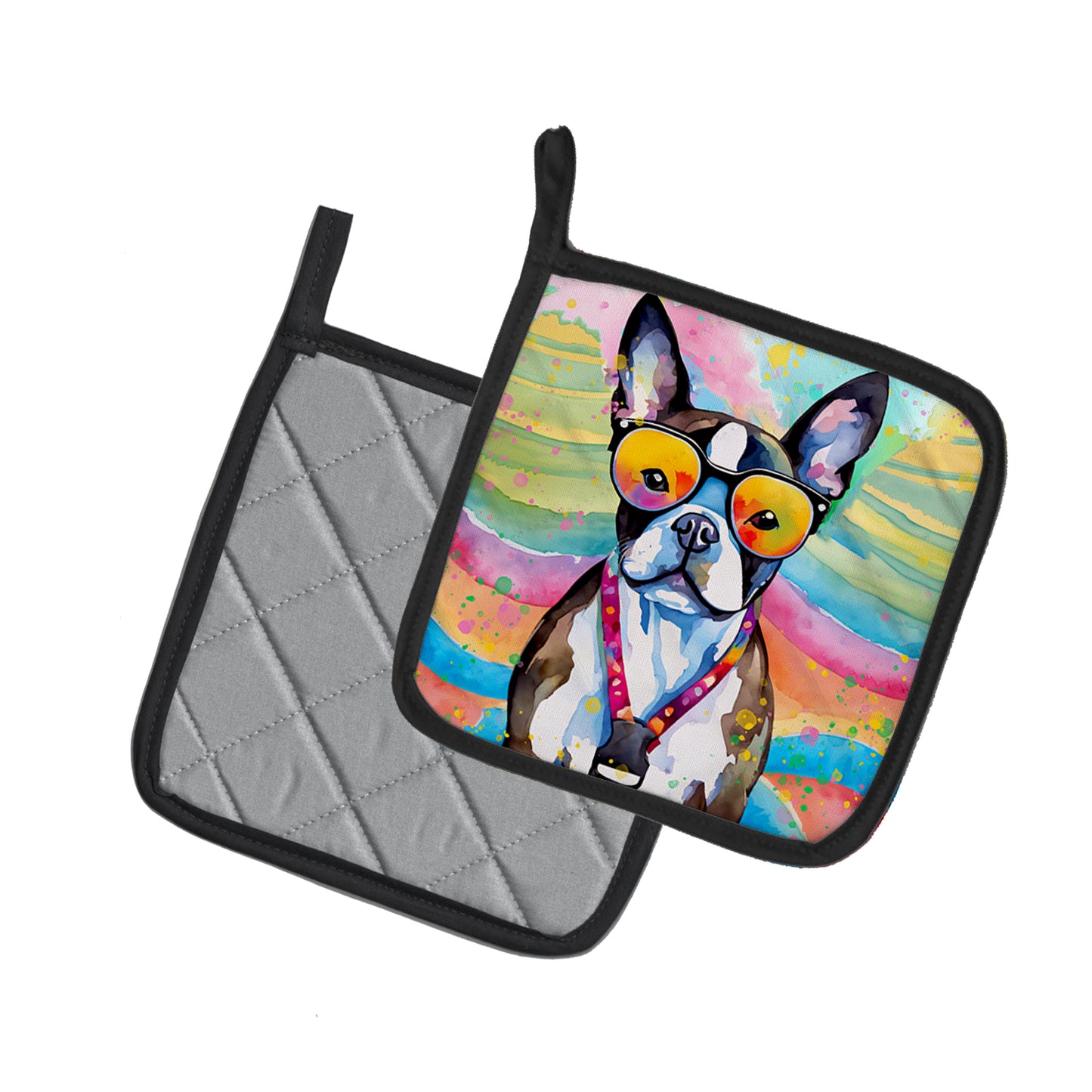 Boston Terrier Hippie Dawg Pair of Pot Holders