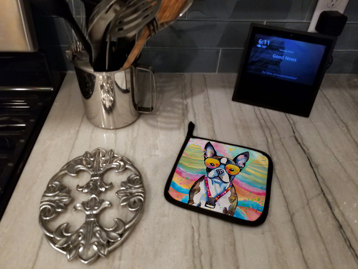 Boston Terrier Hippie Dawg Pair of Pot Holders