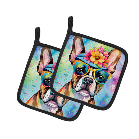 Buy this Boston Terrier Hippie Dawg Pair of Pot Holders