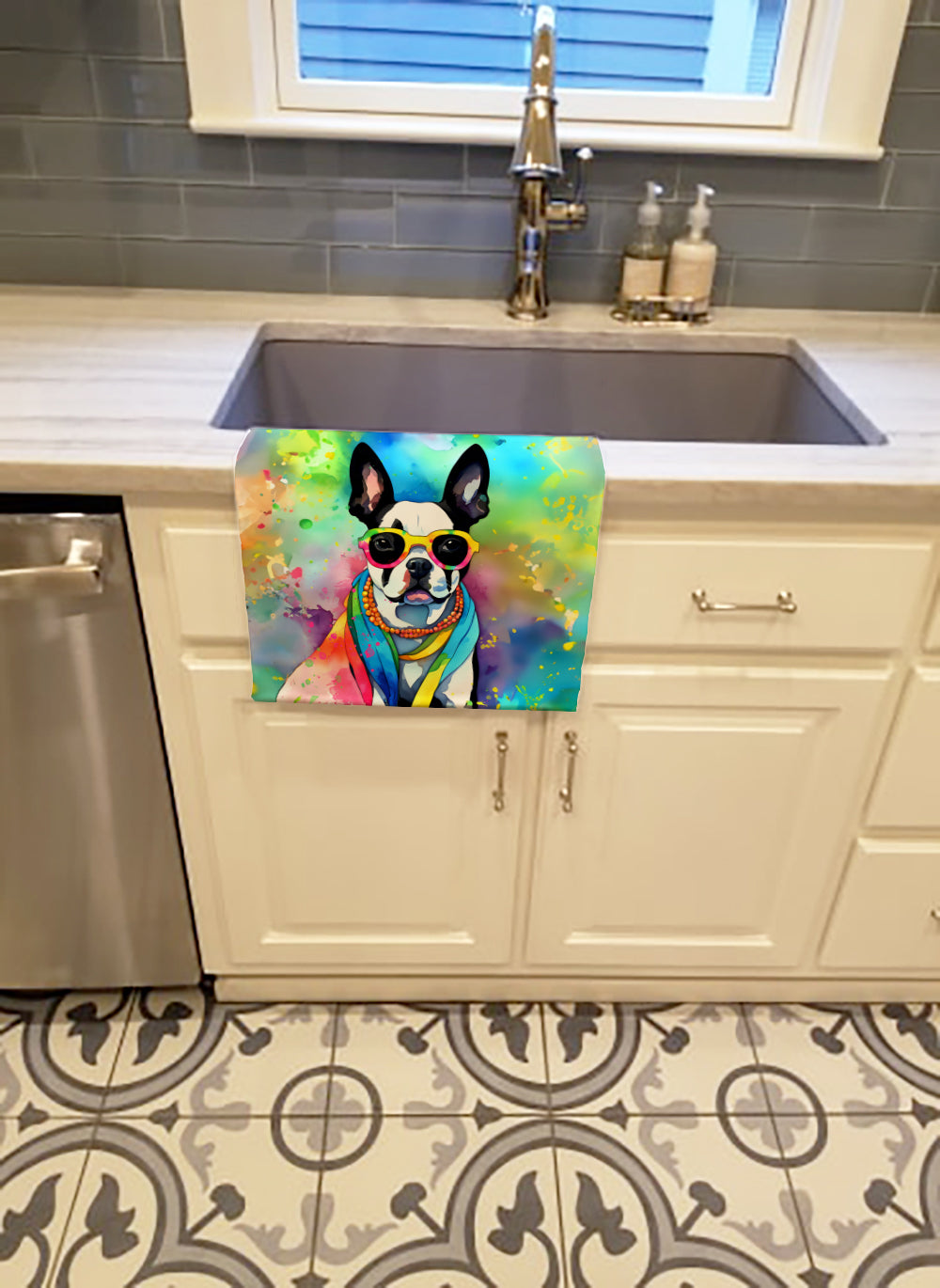 Boston Terrier Hippie Dawg Kitchen Towel