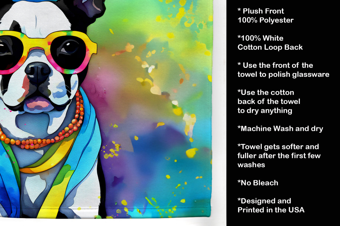 Boston Terrier Hippie Dawg Kitchen Towel