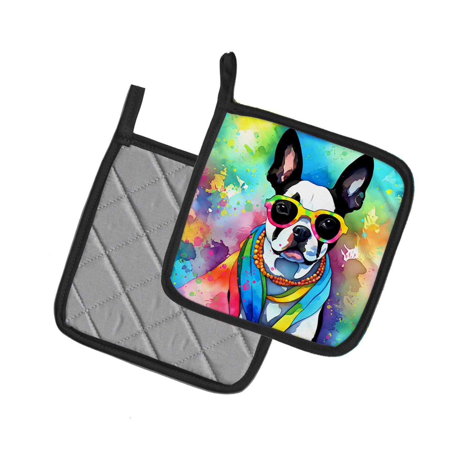 Boston Terrier Hippie Dawg Pair of Pot Holders