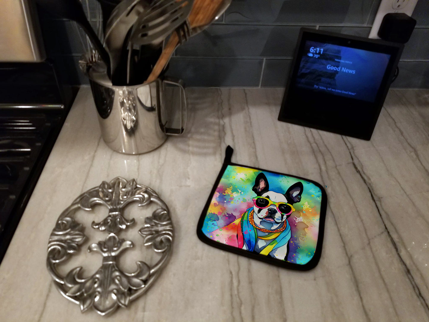 Boston Terrier Hippie Dawg Pair of Pot Holders