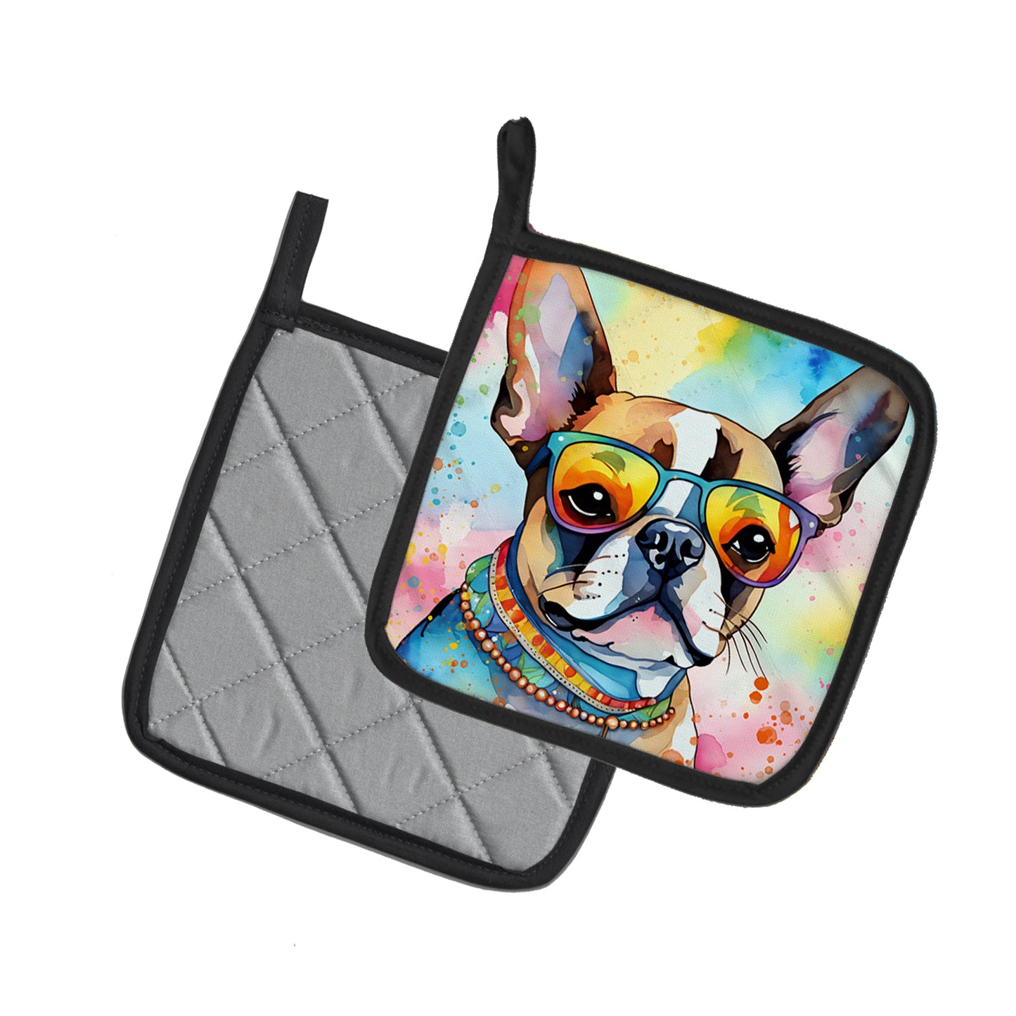 Boston Terrier Hippie Dawg Pair of Pot Holders
