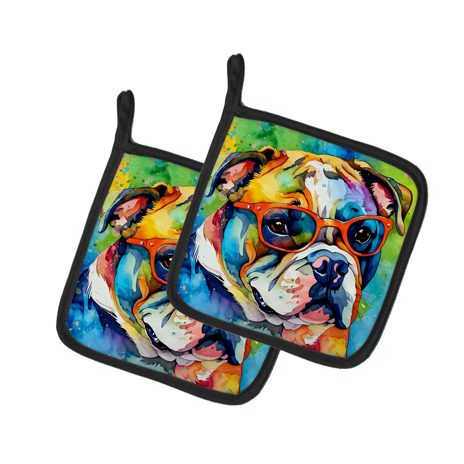Buy this English Bulldog Hippie Dawg Pair of Pot Holders