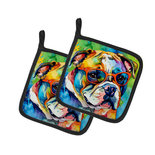 Buy this English Bulldog Hippie Dawg Pair of Pot Holders