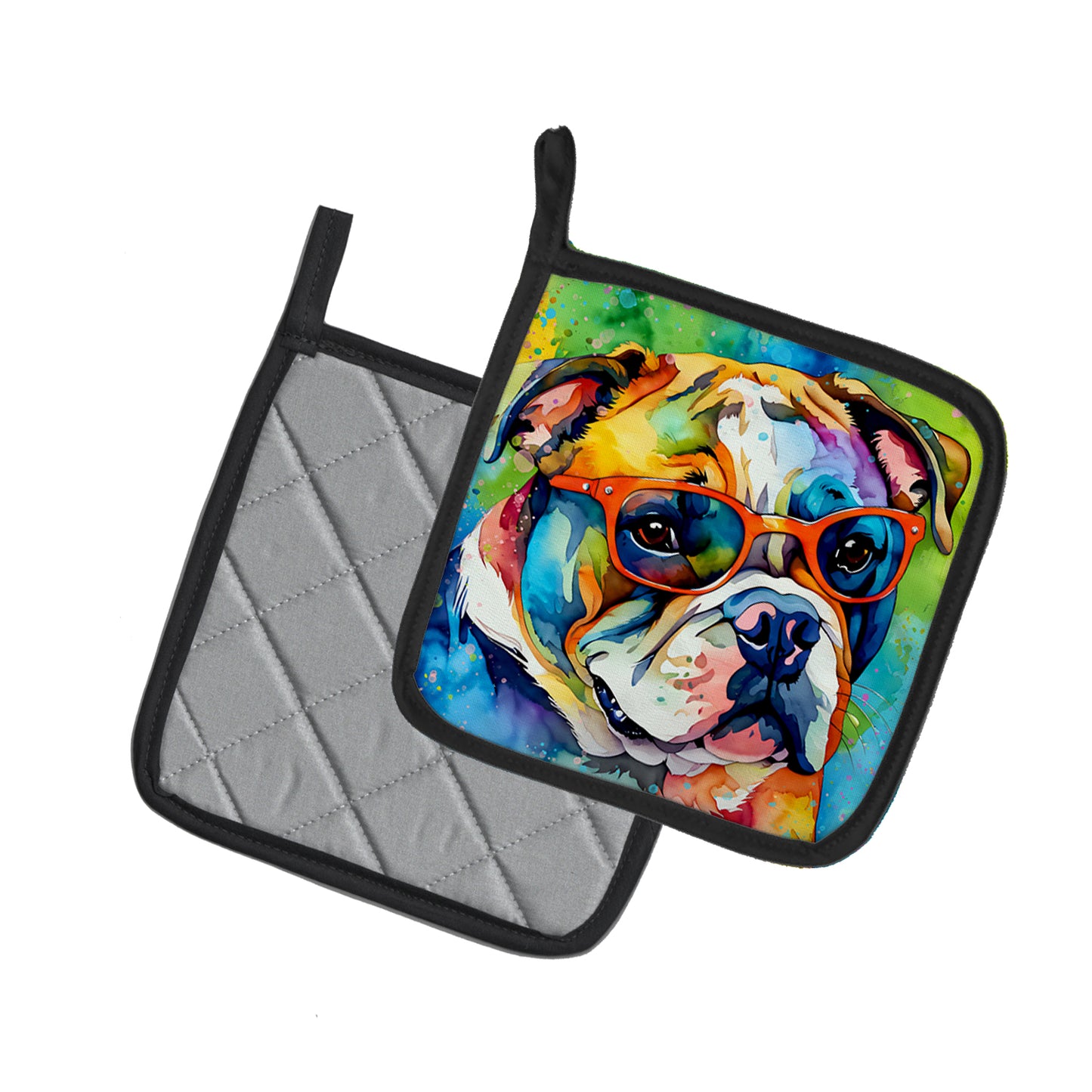 English Bulldog Hippie Dawg Pair of Pot Holders