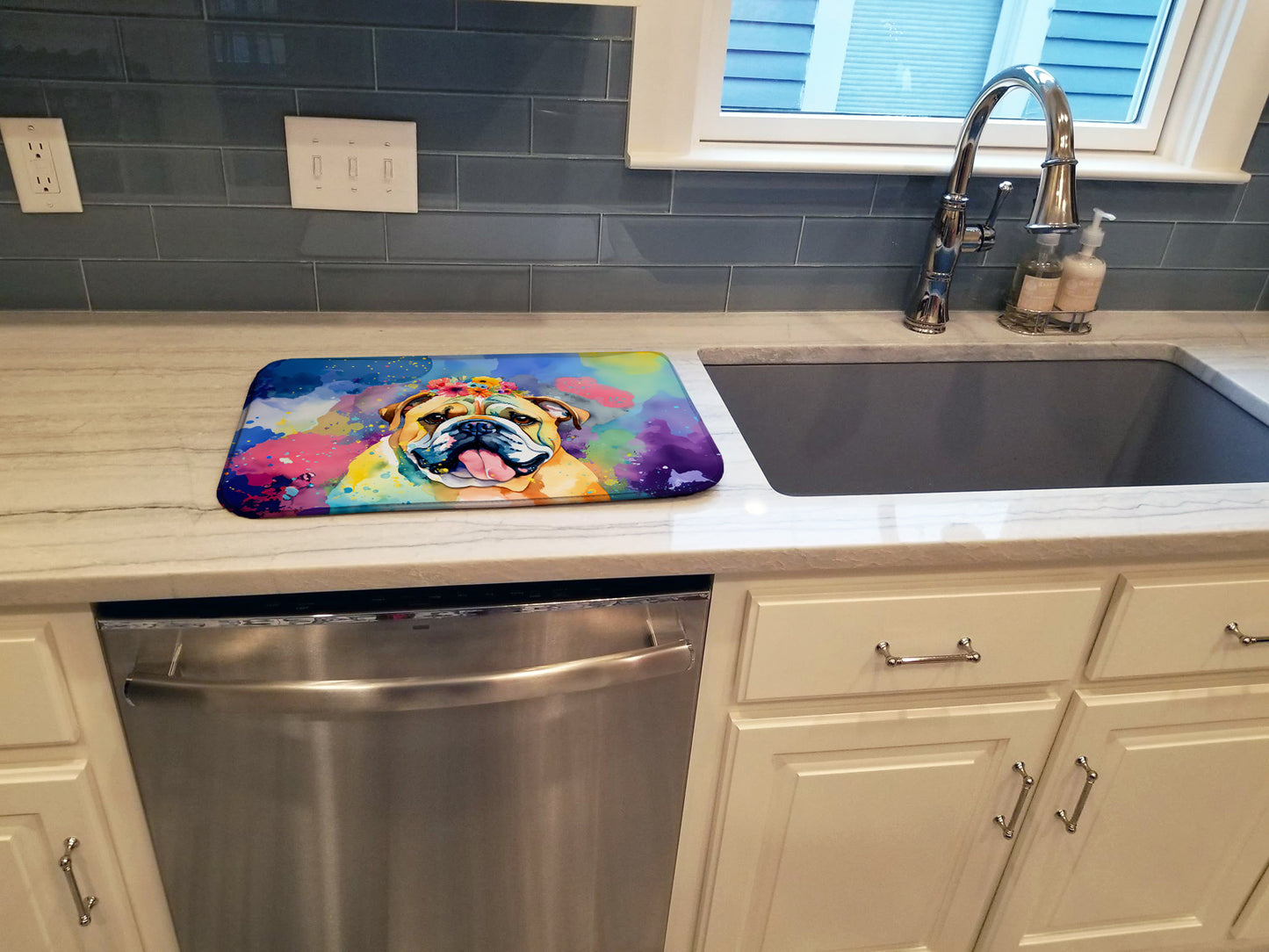 English Bulldog Hippie Dawg Dish Drying Mat