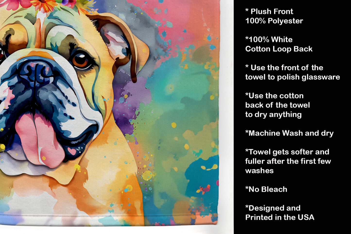 English Bulldog Hippie Dawg Kitchen Towel