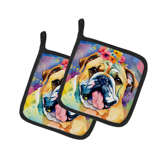 Buy this English Bulldog Hippie Dawg Pair of Pot Holders