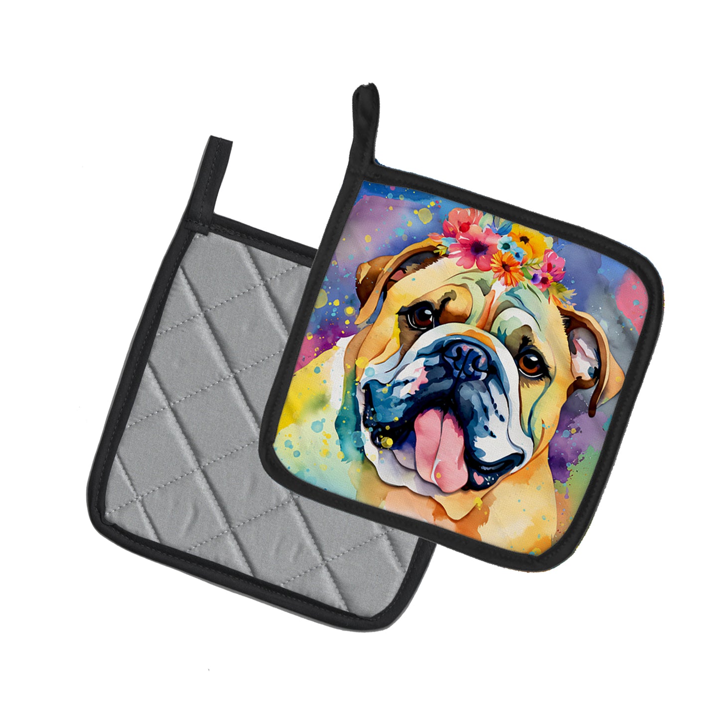 English Bulldog Hippie Dawg Pair of Pot Holders