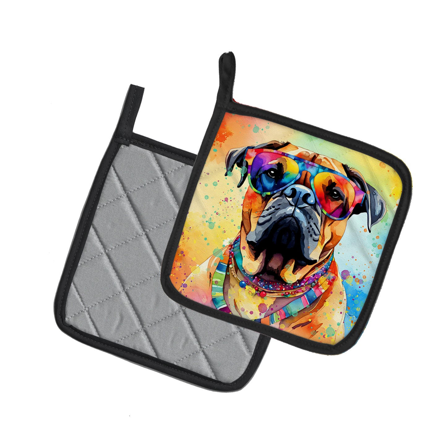 Bullmastiff Hippie Dawg Pair of Pot Holders